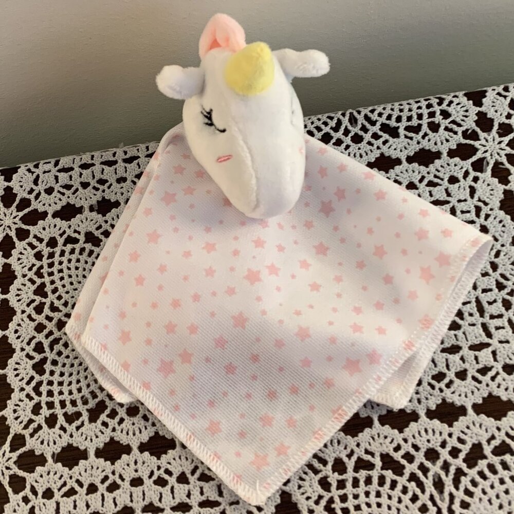 Unicorn Lovey Blankie Baby Blanket Soothing Soft 8 Inch Pink White Star Design